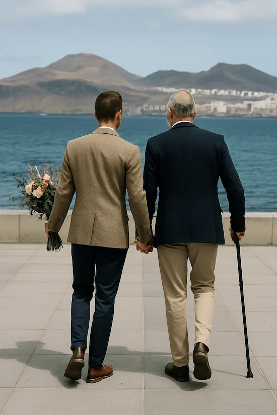 Pareja gay tomada de la mano caminan por las canteras cargando un ramo de novios